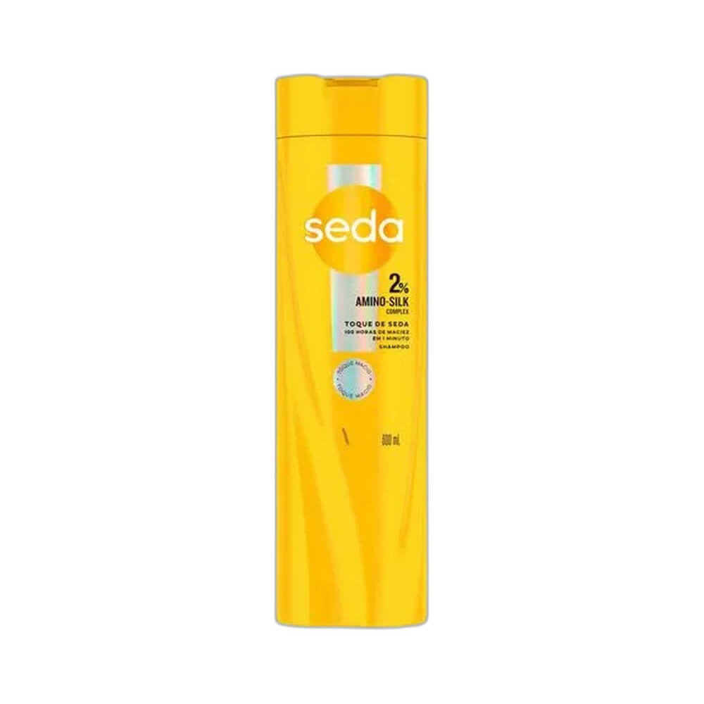 Frasco amarelo do Shampoo Seda Toque de Seda 300ml com tampa flip-top e logo da marca